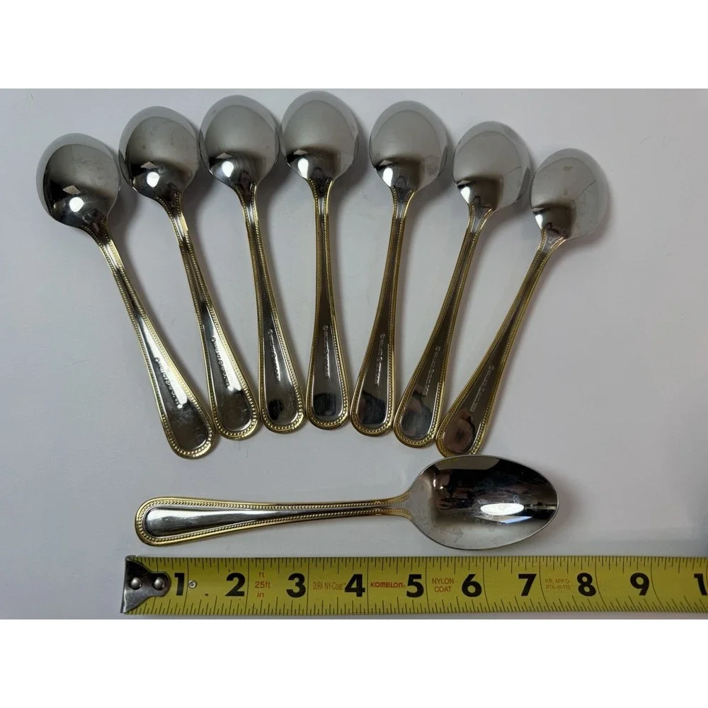 Set of 8 Wallace Gold Royal Bead Stainless Place Oval Soup Spoons 7 1/4